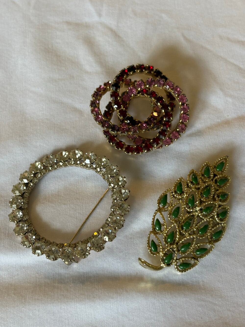 Vintage Rhinestone Brooch Lot Wreath Leaf Swirl Pink Red Green 3 Pc